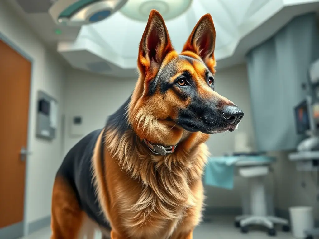 Photorealistic German Shepherd dog in veterinary clinic, surgery