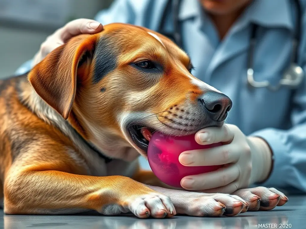 Foto realista de un veterinario examinando a un perro con una cicatriz