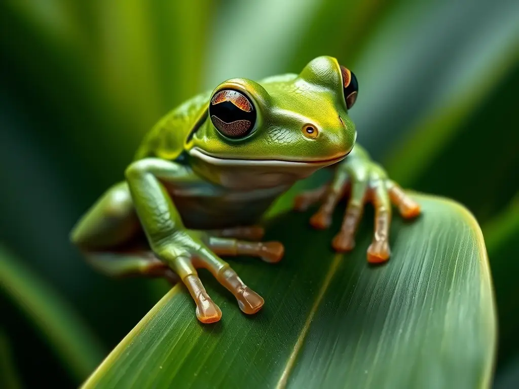 Imagen fotorealista de una rana de árbol de la cuenca del Pacífico en un hoja tropical