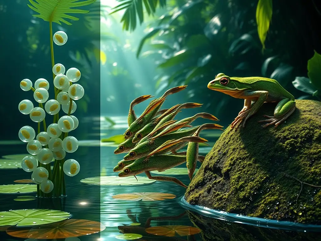 Ciclo de anfibios en estanque tropical hiperrealista