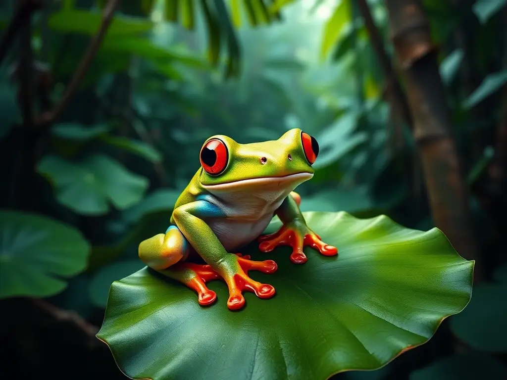 Imagen realista y detallada de una rana trepadora con ojos rojos en una jungla tropical