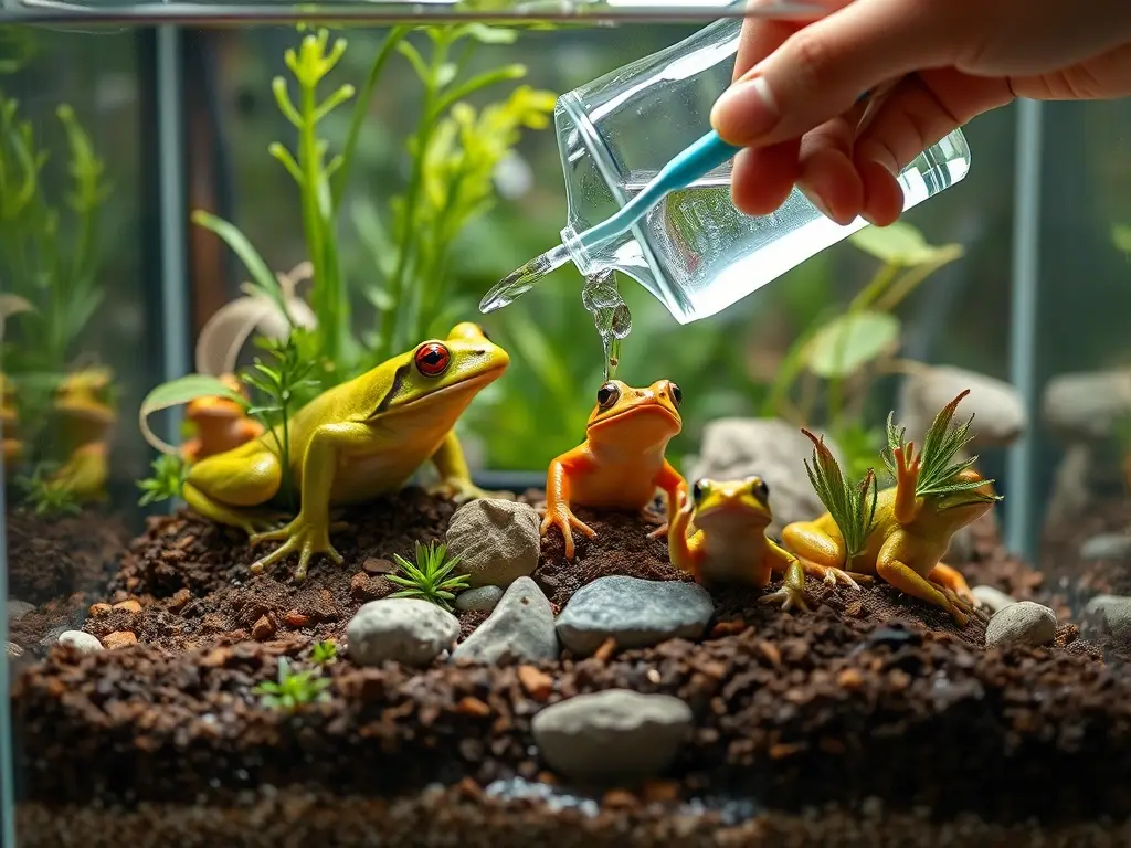 Un terrario de vidrio con frogs reales, limpio y bien iluminado