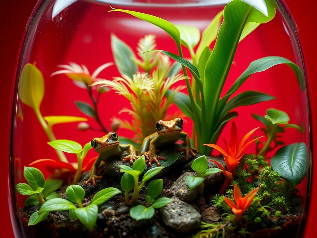 Fotografía realista de un terrario tropical con tortugas diminutas y un fondo rojo intenso