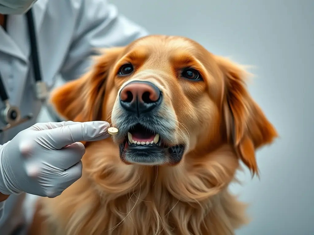 Fotografía realista de un veterinario administrando ranitidina a un labrador