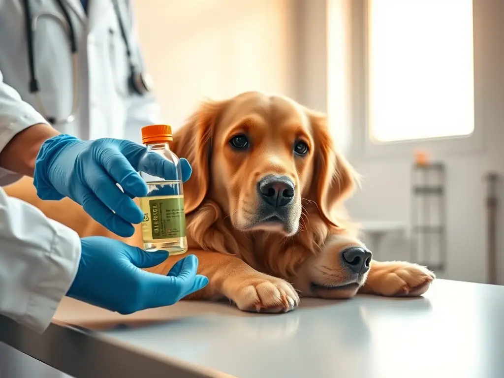 Perro descansando mientras veterinario muestra medicina