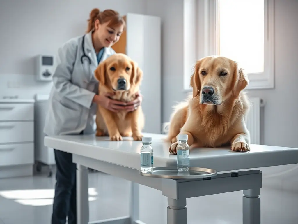 Veterinario examina tranquilo a golden retriever
