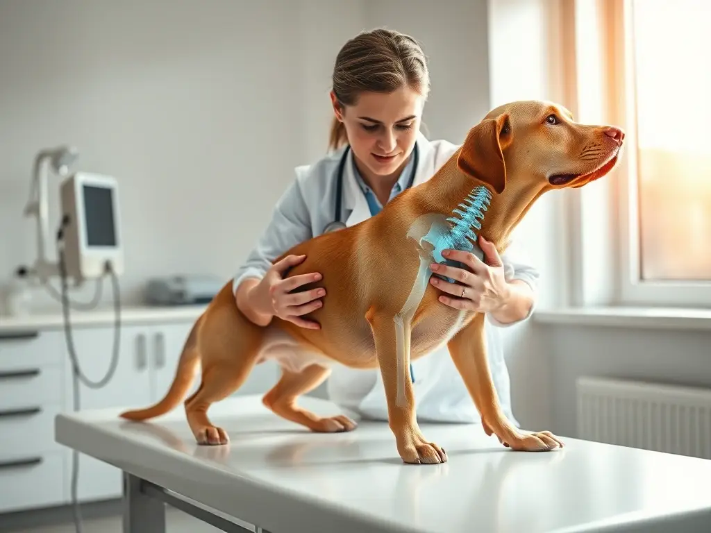 Veterinario examina sano labrador en clínica