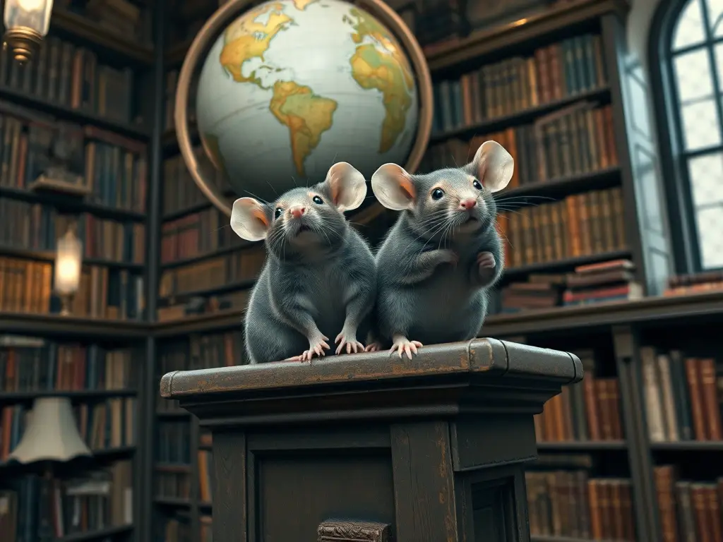 Dos ratones rustecos juegan en un salón de biblioteca