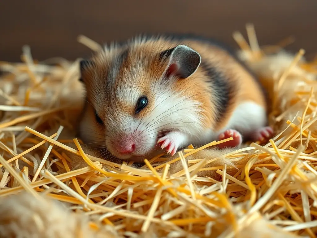 Foto realista de un hamster Spry King durmiendo en un nido de paja