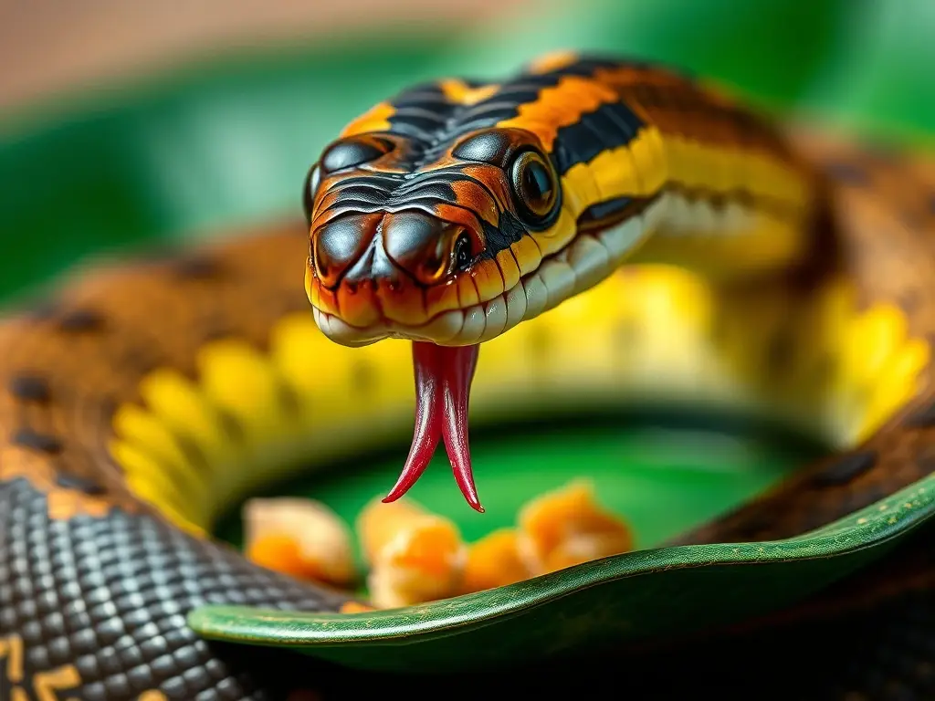 Fotografía realista de una serpiente de rata egipcia sana, con enfoque en sus dientes, lengua y ojos