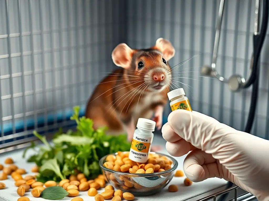 Rata egipcia saludable en jaula con medicina