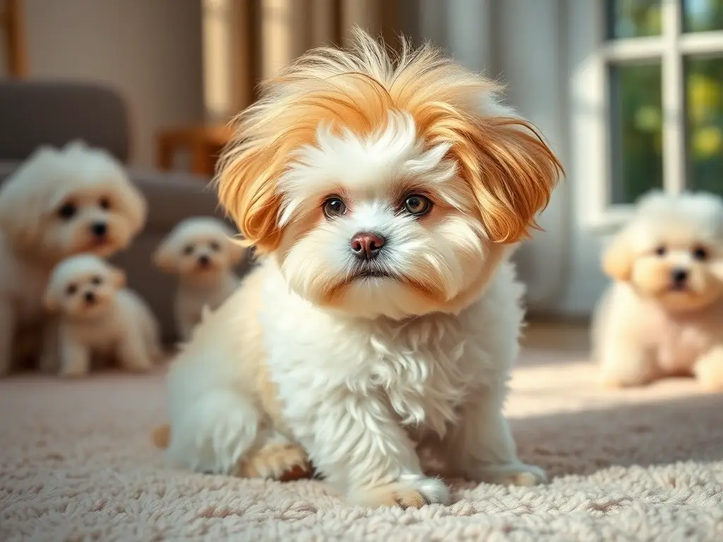 Bichon Frise dorado, majestuoso, sobre alfombra pastel