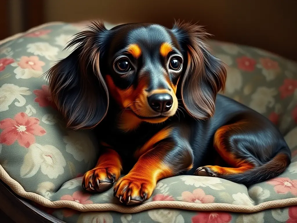 Fotografía realista, dachshund elegante sobre cojín floral