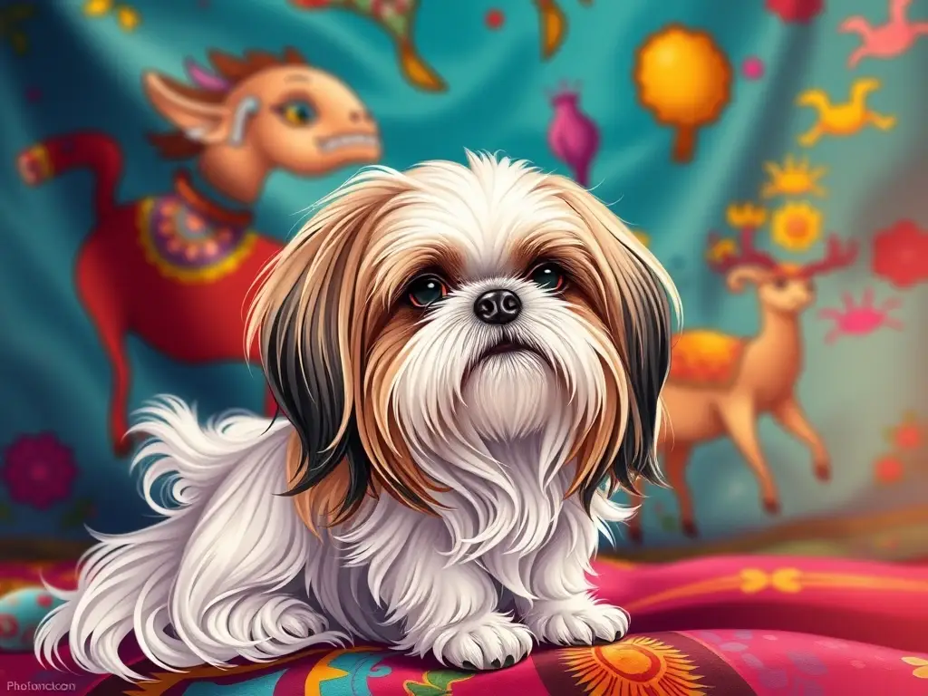Foto de Shih Tzu majestuoso y detallado, en un tejido multicultural