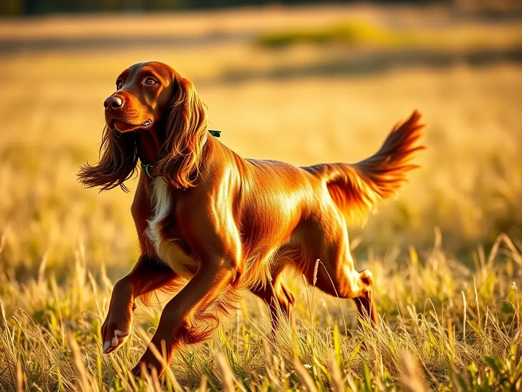 Foto de un Setter Irlandés elegante en movimiento, fotorealista y sin texto