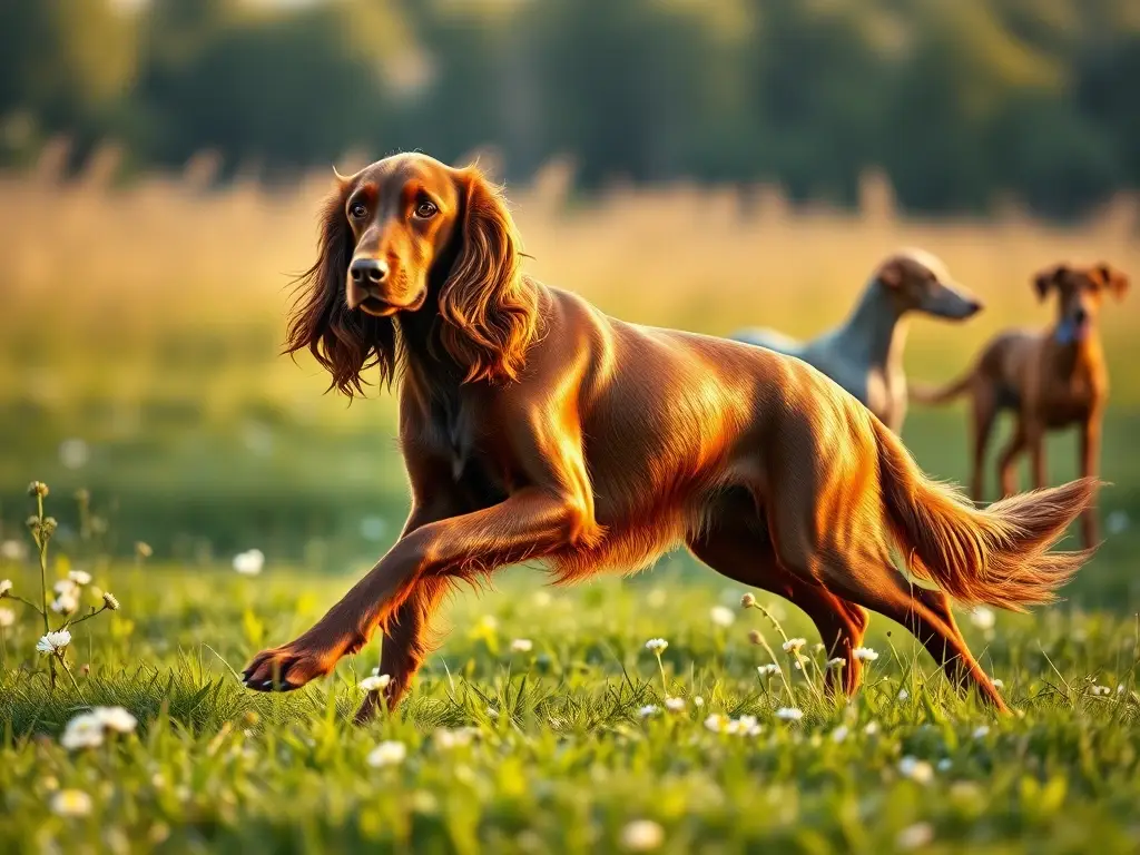 Irish Setter brillante avanza en prado