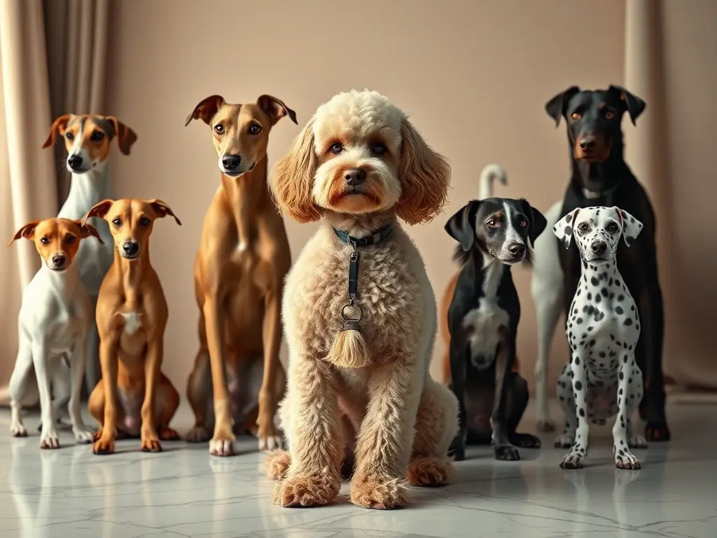 Poodle rodeado de perros nobles, estudio lujoso