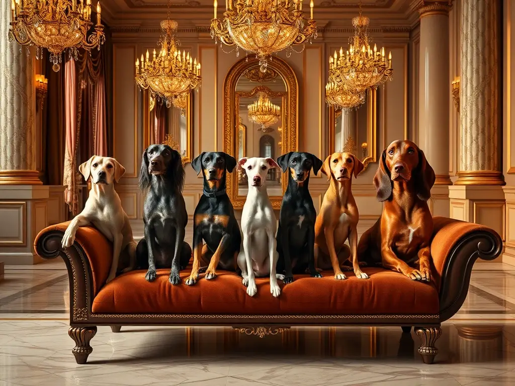 Perros aristocráticos en sofá de terciopelo