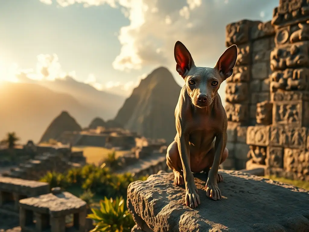 Perro sin pelo peruano sobre altar inca
