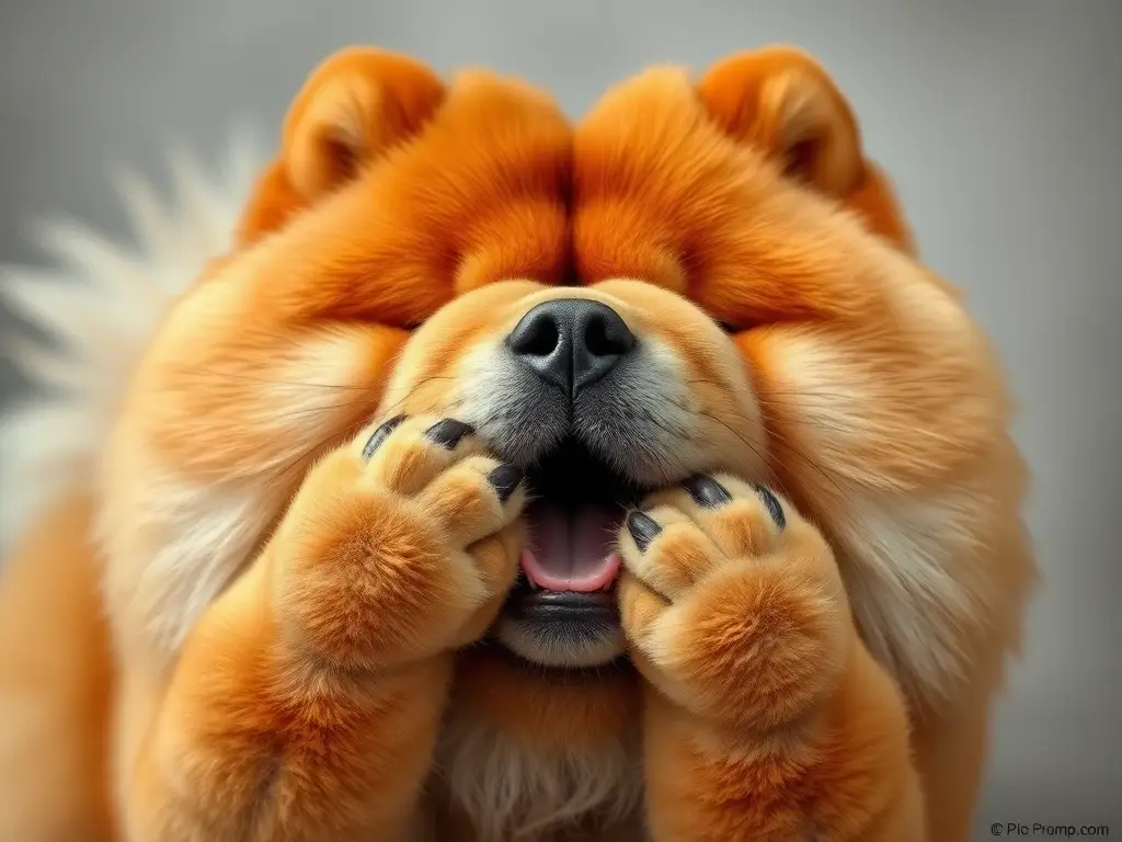 Photorealistic Chow Chow playfully concealing its face, 8k
