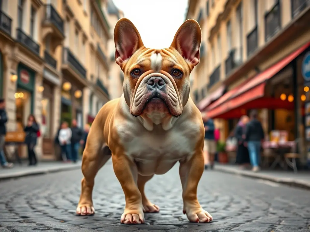 Fotografía realista de un Bulldog francés en París