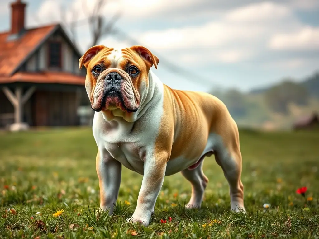 Fotorealista de un bulldog inglés antiguo majestuoso, en un campo riesgo