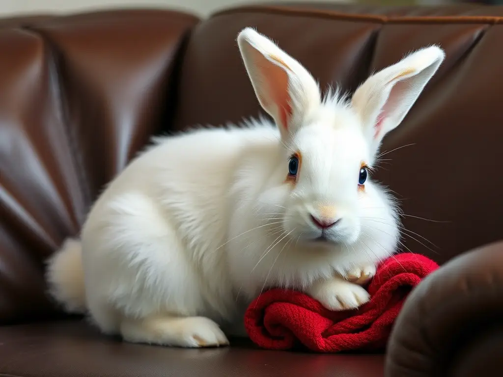 Imagen de conejo de pelo blanco realística, sentado en sofá