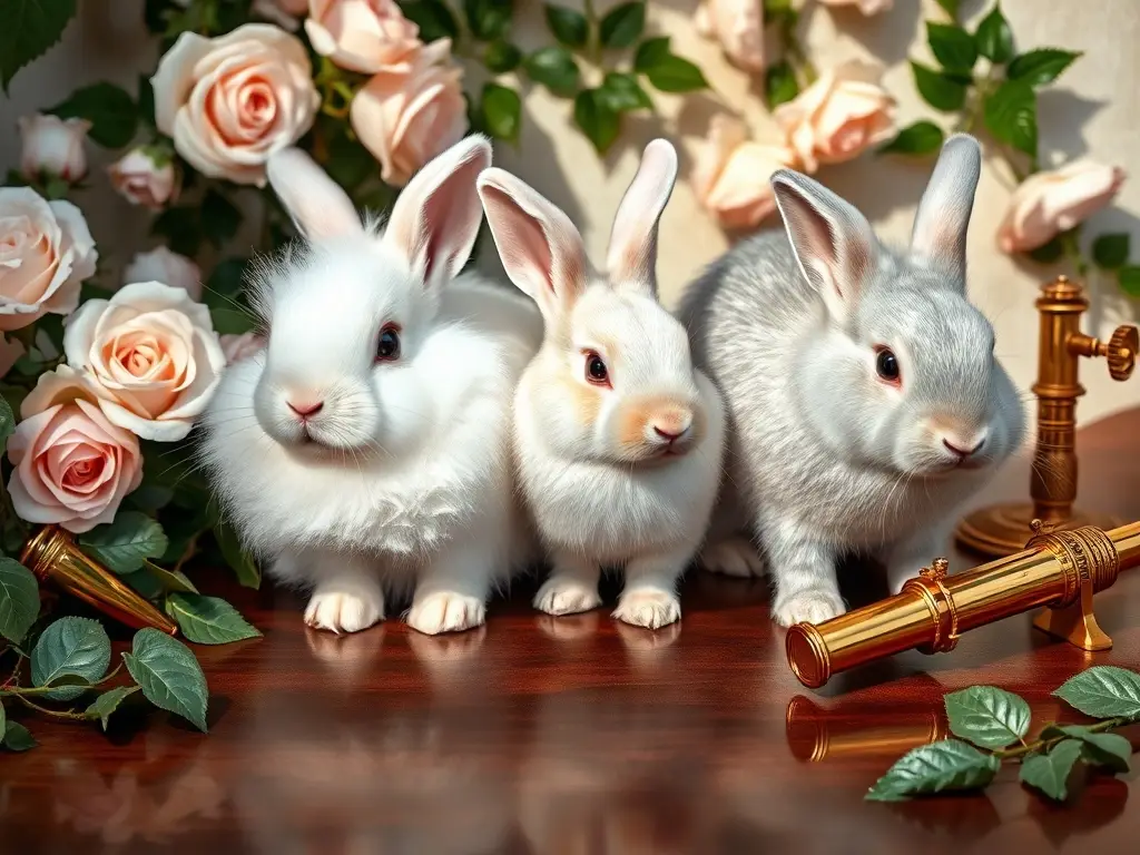 Tres conejos elegantes sobre madera y rosas