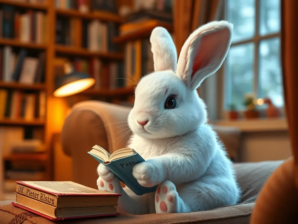 Imagen realista de un conejo de pelo blanco con libro