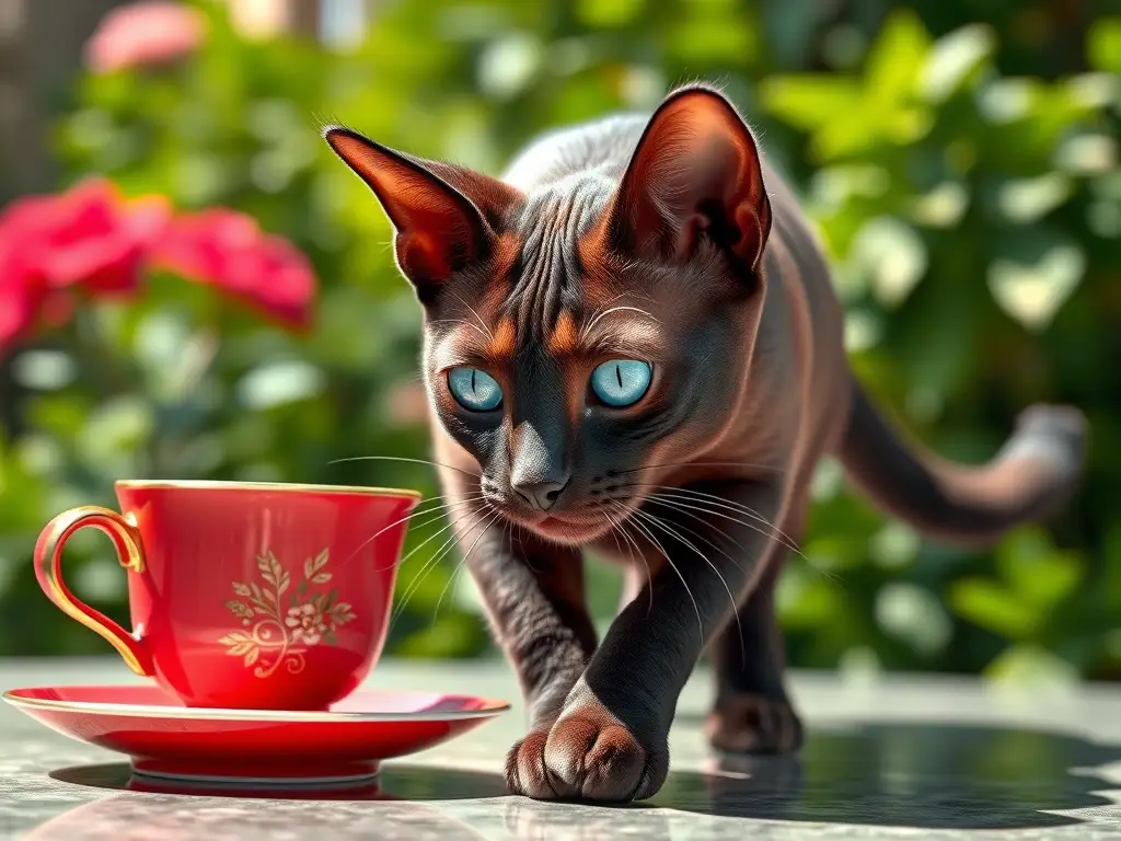 Un felino Cornish Rex majestuoso, en escena con detalle real