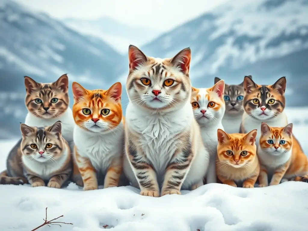 Fotorealista, de 8k, cats escocesas de todas las variedades y personalidades en un paisaje invernal