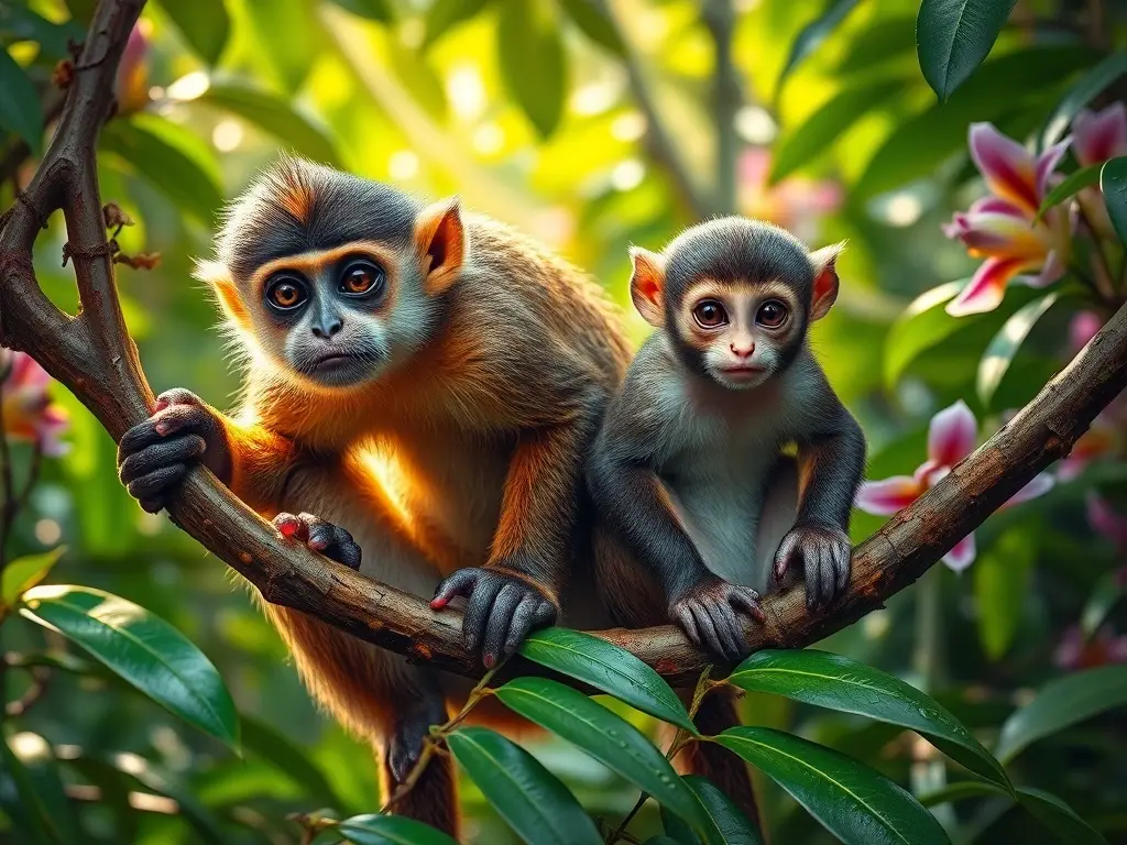 Dos monos en rama de selva luminosa