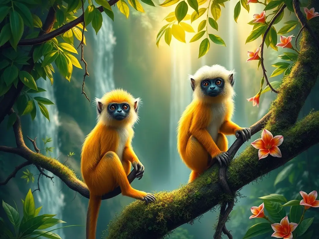 Ilustración hiperrealista de dos titíes en selva