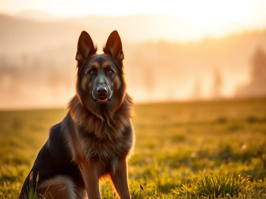 Majestuoso pastor alemán en pradera al amanecer