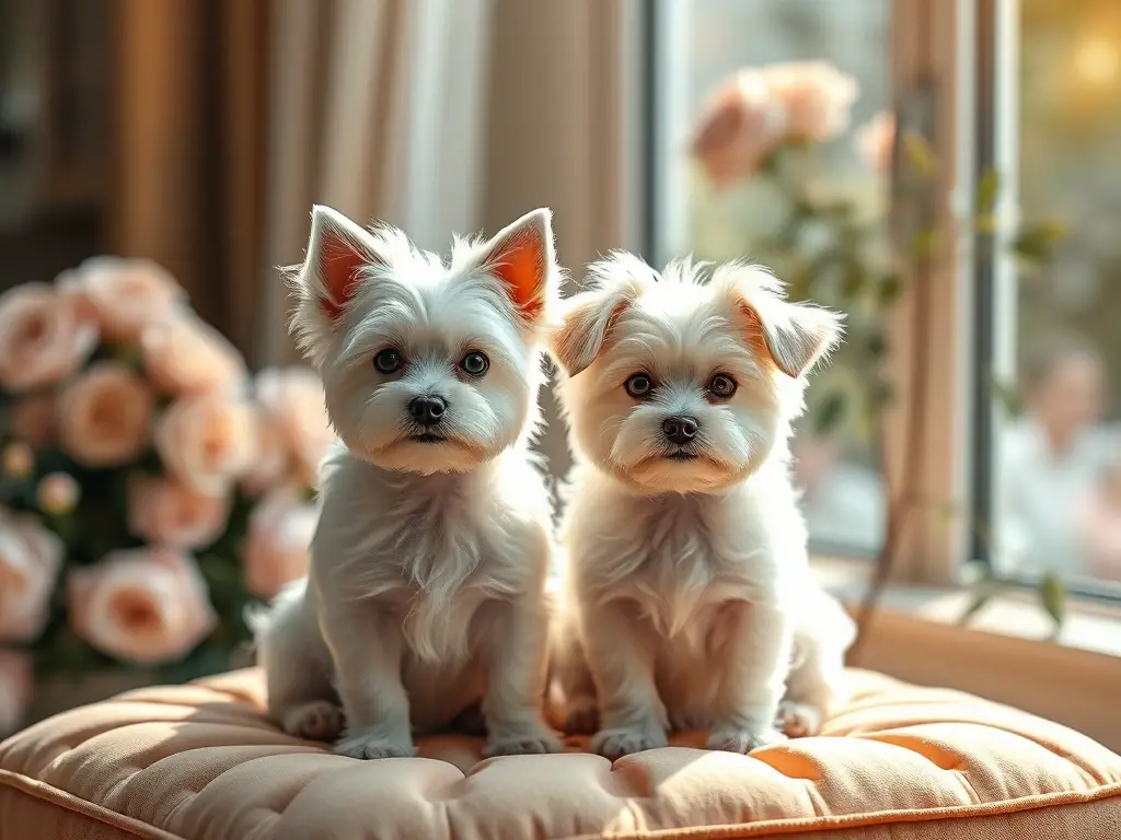 Dos elegantes perros sobre cojín pastel