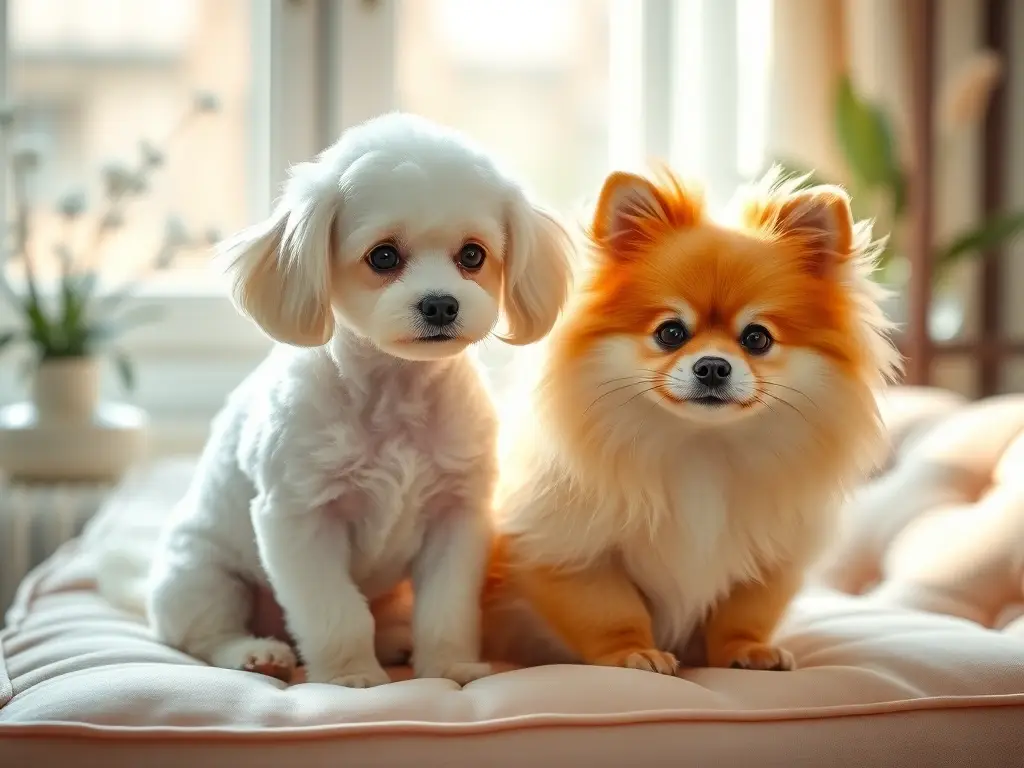 Poodle y pomerania juntos en terciopelo pastel