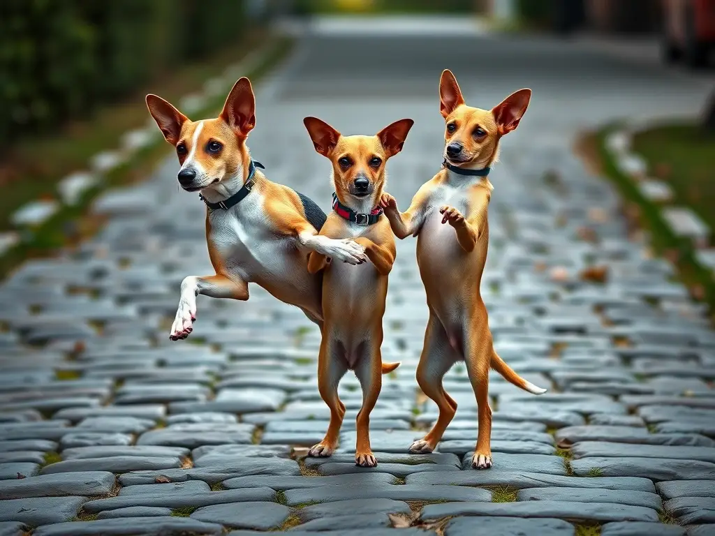 Fotografía realista de dos galgos y lowchen balanceándose en un camino