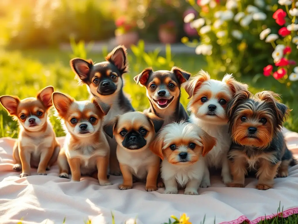 Pequeños perros en jardín soleado, fotorealista