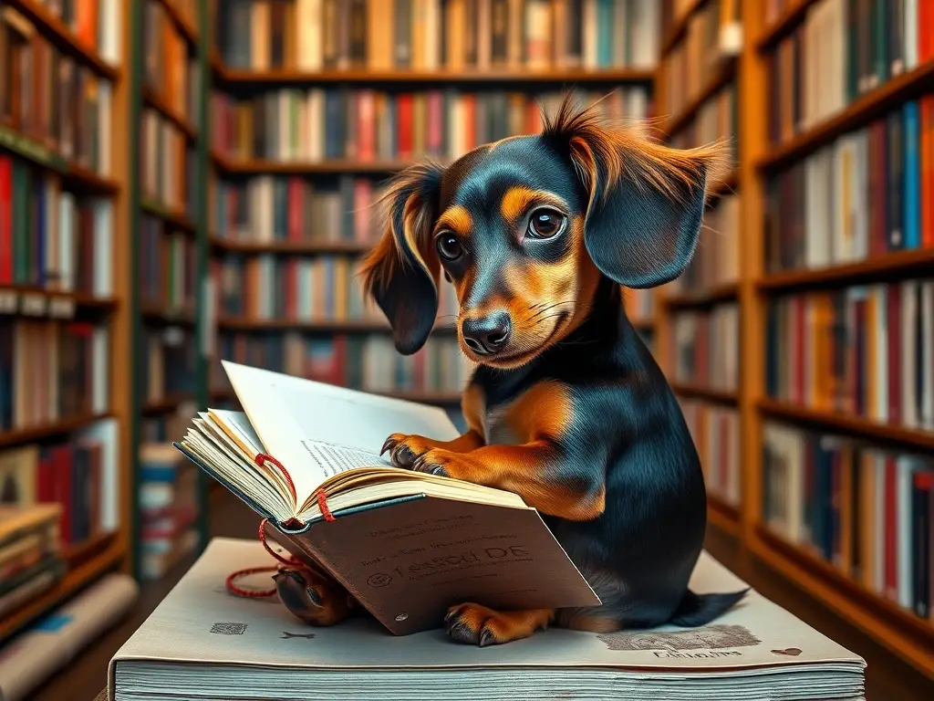 Fotografía realista de un dachshund con un libreto, sin texto ni logo