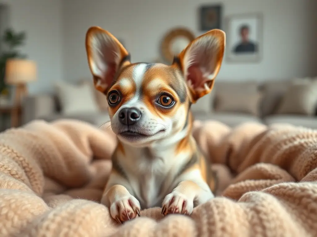 Fotografía realista de un chihuahua tranquilo en cama