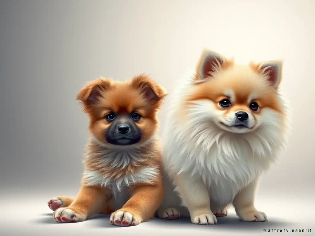Foto realista de una mezcla de Caniche y Pomerania posando, sin texto ni logos