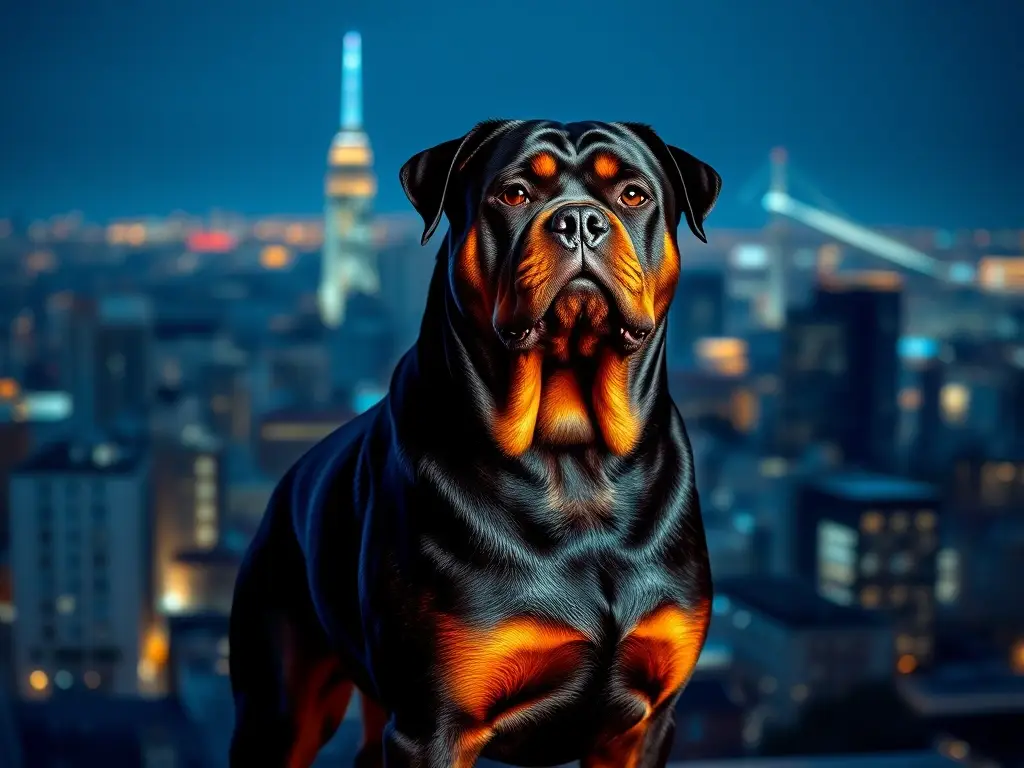 Fotografía realista de un Rottweiler en un paisaje urbano nocturno