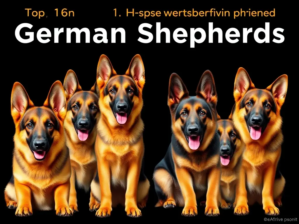 Photos realistic of ten German Shepherd breeds, black background