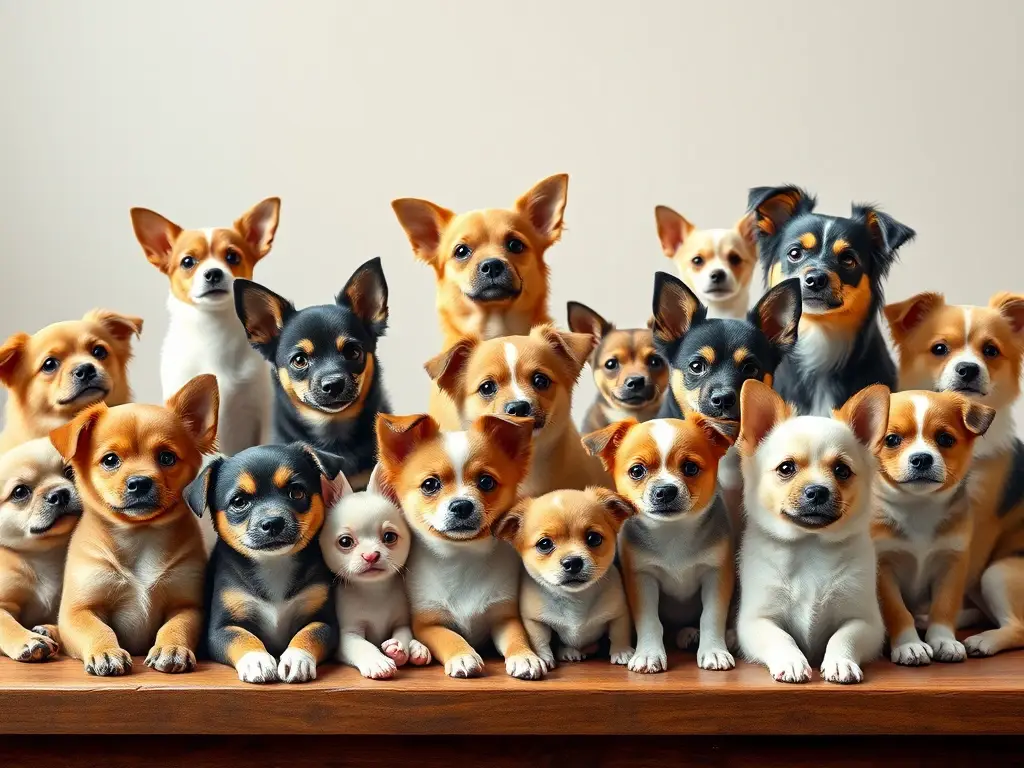 Fotografía realista de cachorros de razas pequeñas en una elegante mesa, con detalles precisos