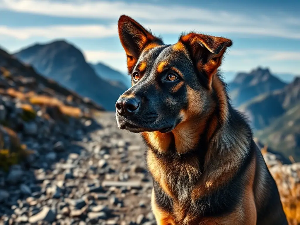 Foto realista de un perro montañoso con un paisaje montañoso