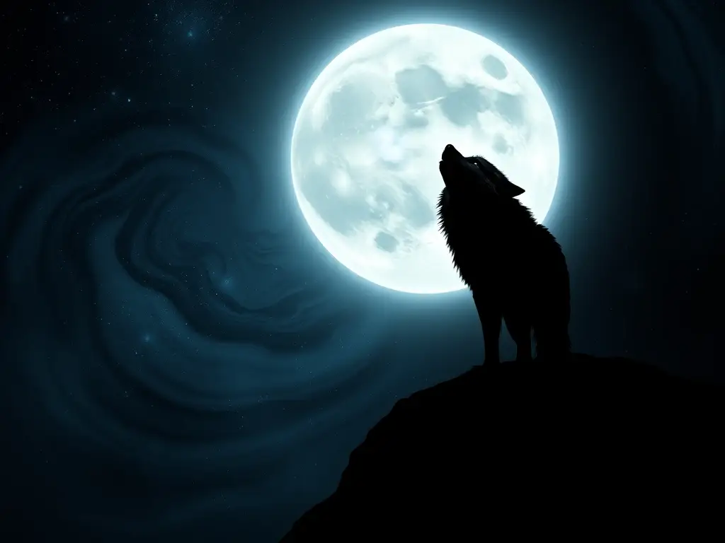 Un lobo majestuoso huele bajo una luna de plata