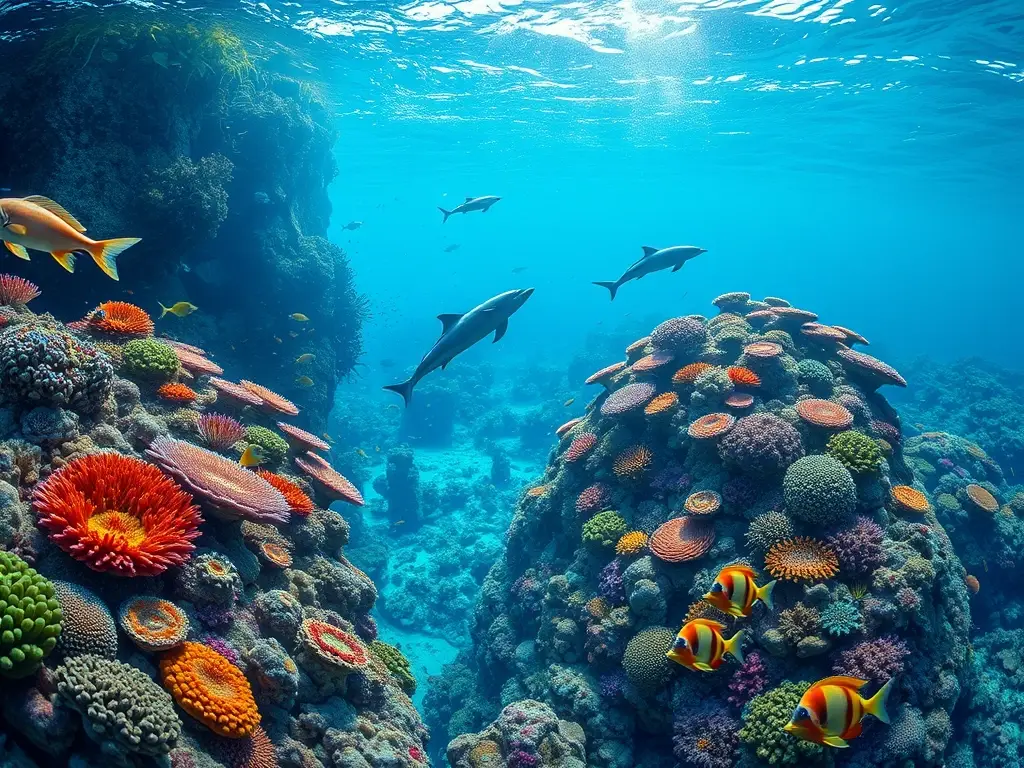 Representación realista y detallada de un coral vibrante con vida marina