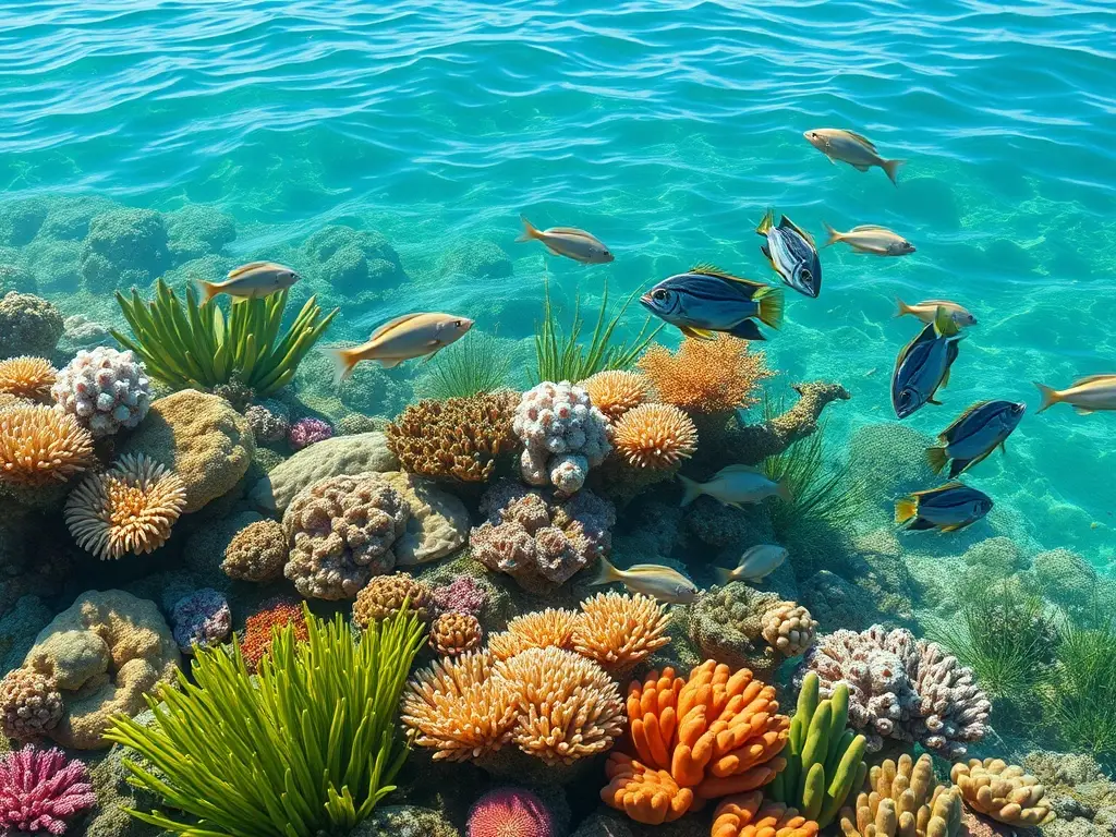 Fotografía realista de un ecosistema marino con diversidad de vida