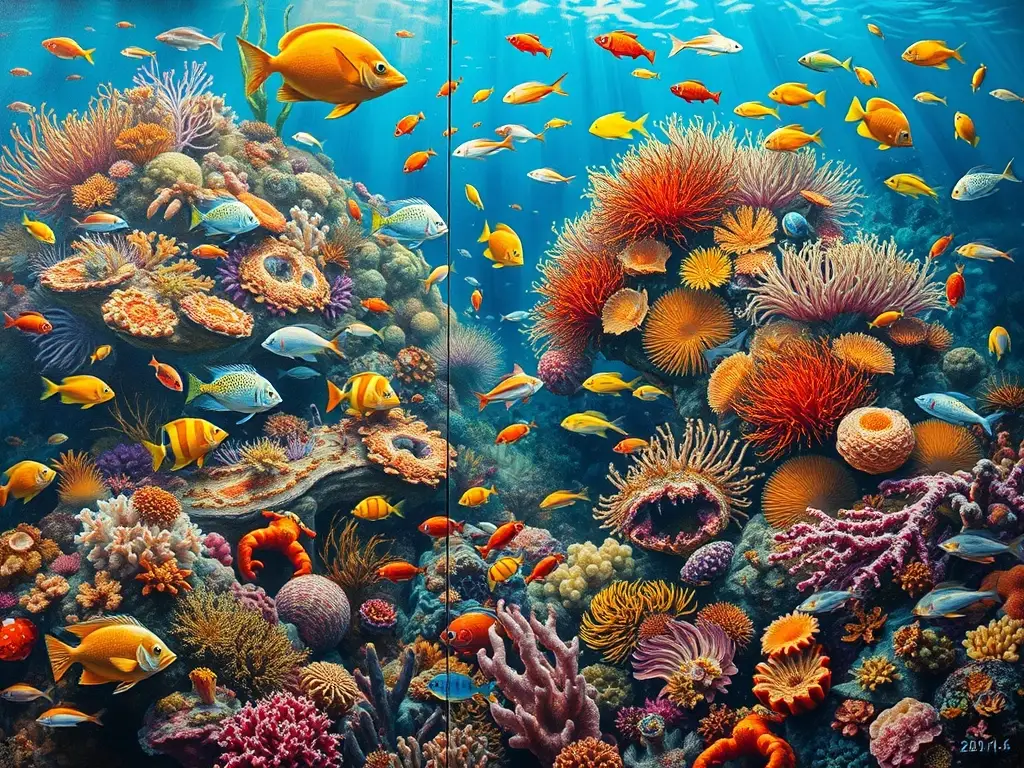 Un paisaje coralino repleto de vida marina con colores realistas
