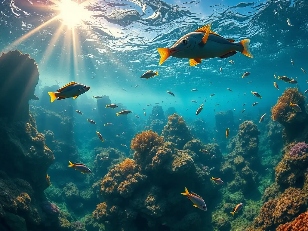 Fotografía realista de un ecosistema marino con fauna compleja